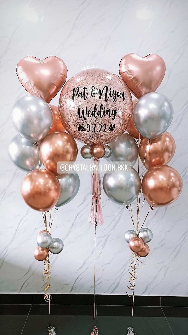 ลูกโป่ง งานแต่ง Bubble ขนาด 24" Theme โรสโกล พร้อมตกแต่ง ช่อลูกโป่งฟอยล์หัวใจ ขนาด 18" 2 ช่อ สามารถเปลี่ยนสีลูกโป่ง/เปลี่ยนข้อความ/เปลี่ยนขนาด/เปลี่ยนฟอยล์ตกแต่งได้