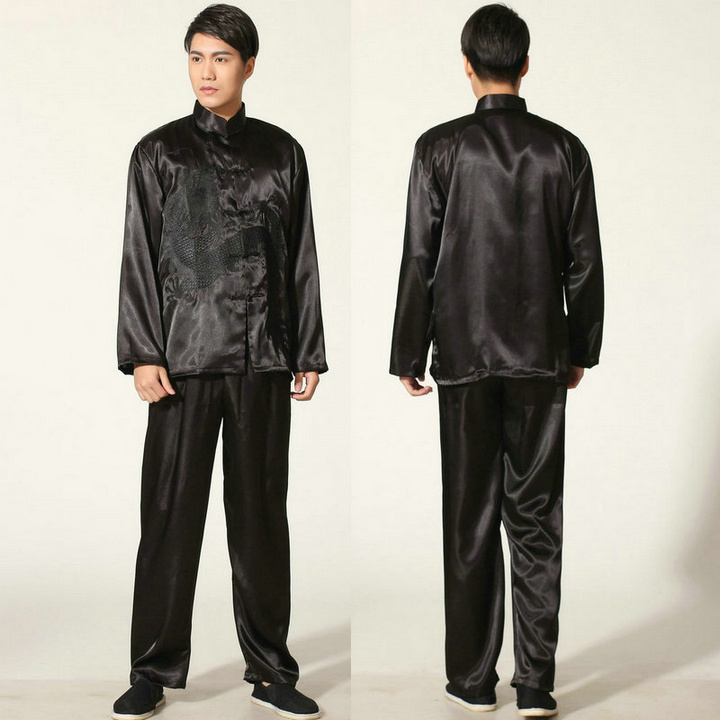 Pre-order ชุดจีน ชาย เสื้อพร้อมกางเกง สีดำ ปักลายมังกร