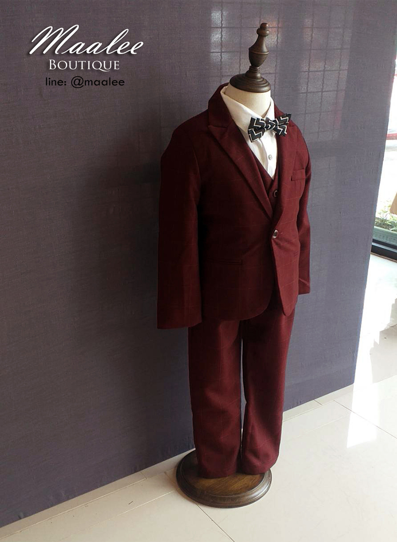 พร้อมเช่า ชุดสูทเด็กชาย สีแดงเบอกันดีลายตาราง **พร้อมเช่าไซส์ 110,120,130,140**