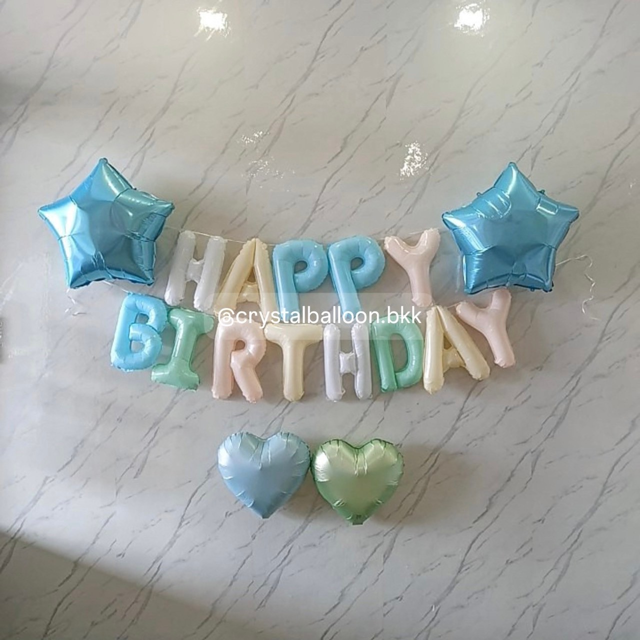 ฟอยล์วันเกิด ฟอยล์ตัวอักษร Happy Birthday ขนาด 16" สีพาสเทลหลากสี 1 ชิ้น พร้อม ฟอยล์ดาว ขนาด 24" 2 ชิ้น สีฟ้า ฟอลย์หัวใจ 18" 2 ชิ้น สีฟ้าพาเทล-สีเขียวพาสเทล พร้อมตกแต่ง สามารถเปลี่ยนสี-ฟอยล์ตัวอักษร/เปลี่ยนฟอยล์ตกแต่งได้