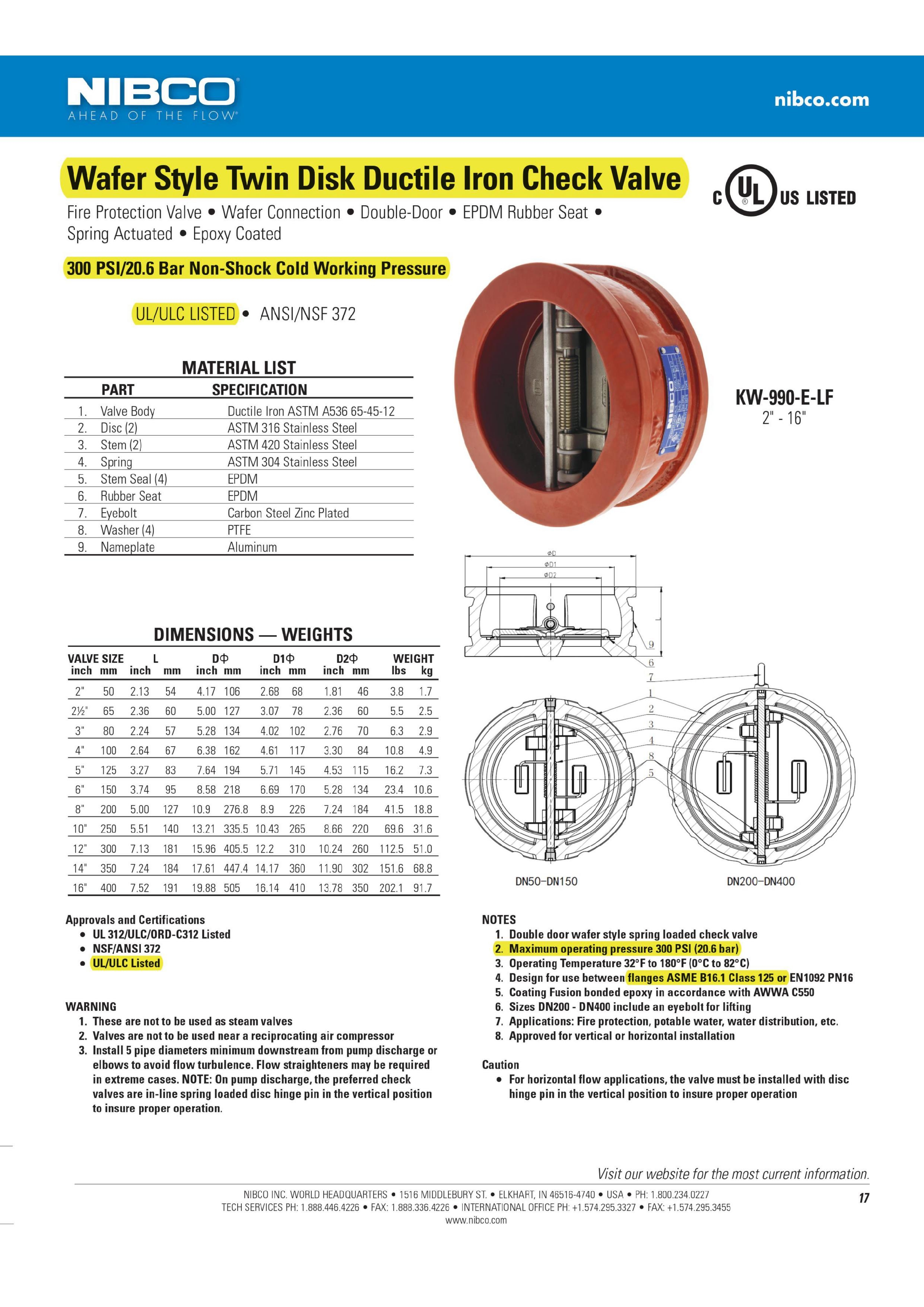 Wafer Check Valve ,Ductile Iron Body, UL/FM Approved For wp. 300 psi. รุ่น KW-990-E-LF ยี่ห้อ NIBCO
