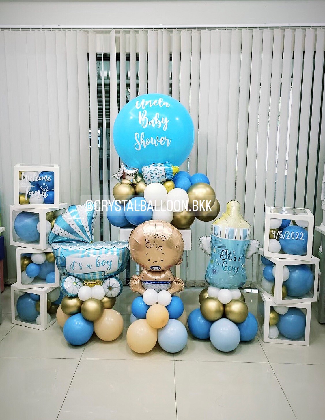 Organic Welcome Baby Boy รูปแบบใหม่ ไม่ซ้ำใคร ลูกโป่งยาง ขนาด 24" ตั้งฐาน 1 ชิ้น พร้อม ฟอยล์ตั้งฐาน 3 ชิ้น,กล่องใส ติดตัวอักษร 7 กล่อง พร้อมตกแต่ง สามารถเปลี่ยนสีลูกโป่ง/เปลี่ยนข้อความ/เปลี่ยนสี-ฟอยล์ตกแต่งได้