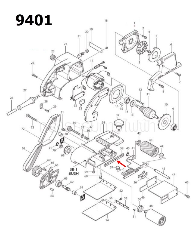 เหล็กกันริม เครื่องขัดสายพาน Makita มากีต้า 9401, 9402 [#58] Pn.155885-0 (แท้)##(**)