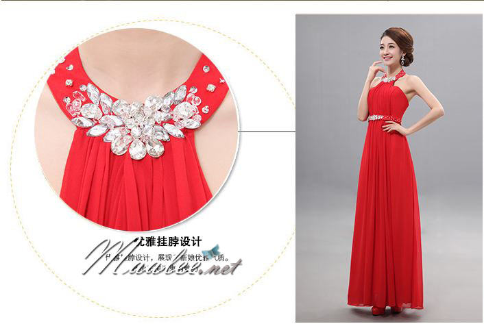 พร้อมเช่า ชุดราตรียาว แบบเกาะอก เพิ่มความเซ็กซี่สไตล์คล้องคอ โชว์หลัง ผ้าชีฟอง แต่งคริสตัลสวยหรู สีครีม