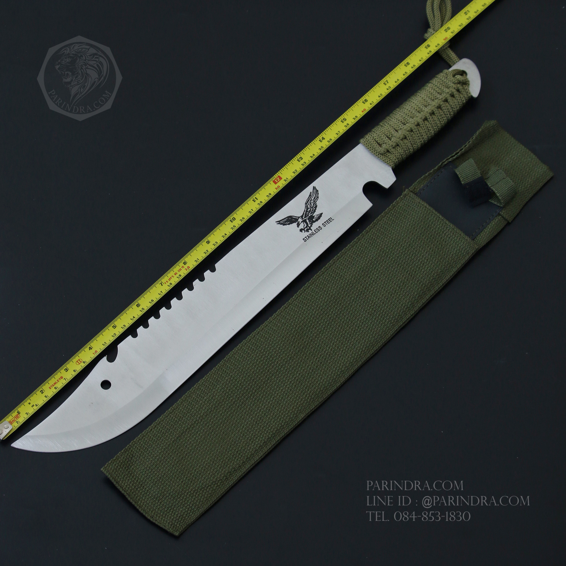 มีดยาวเดินป่า Hawk สปาร์ต้า ปลายแหลม ขนาด 19.5 นิ้ว ด้ามเชือกถักสีเขียว