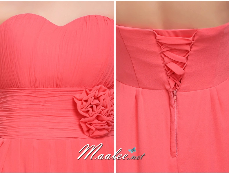 พร้อมส่ง ชุดราตรียาว แบบเกาะอก ผ้าชีฟอง ช่วงอกอัดพลีท แต่งดอกที่เอว สีโอโรส