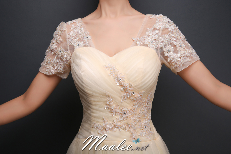 พร้อมเช่า ชุดราตรียาว แขนสั้น แต่งผ้าตาข่ายนิ่มทั้งชุด ปักเลื่อม&ลูกไม้ แบบเรียบหรู สไตล์เจ้าหญิง สีครีม Champagne