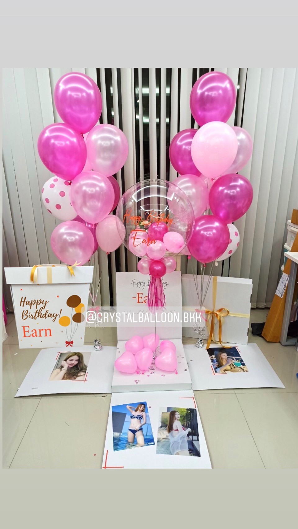 Surprise Box กล่องเซอร์ไพรส์วันเกิดสำหรับคุณผู้หญิง Bubble ขนาด 24" โทนสี ชมพู สดใส พร้อมตกแต่ง ช่อลูกโป่ง 2 ช่อ สามารถเปลี่ยนสีลูกโป่ง/ข้อความ/สามารถใส่รูปได้ 4 ใบ