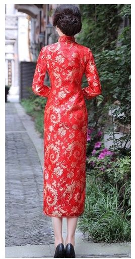 Pre-order กี่เพ้า ผ้าไหมจีน สีแดง แขนยาว ลายนกฟินิกซ์ ตัดเย็บอย่างดี