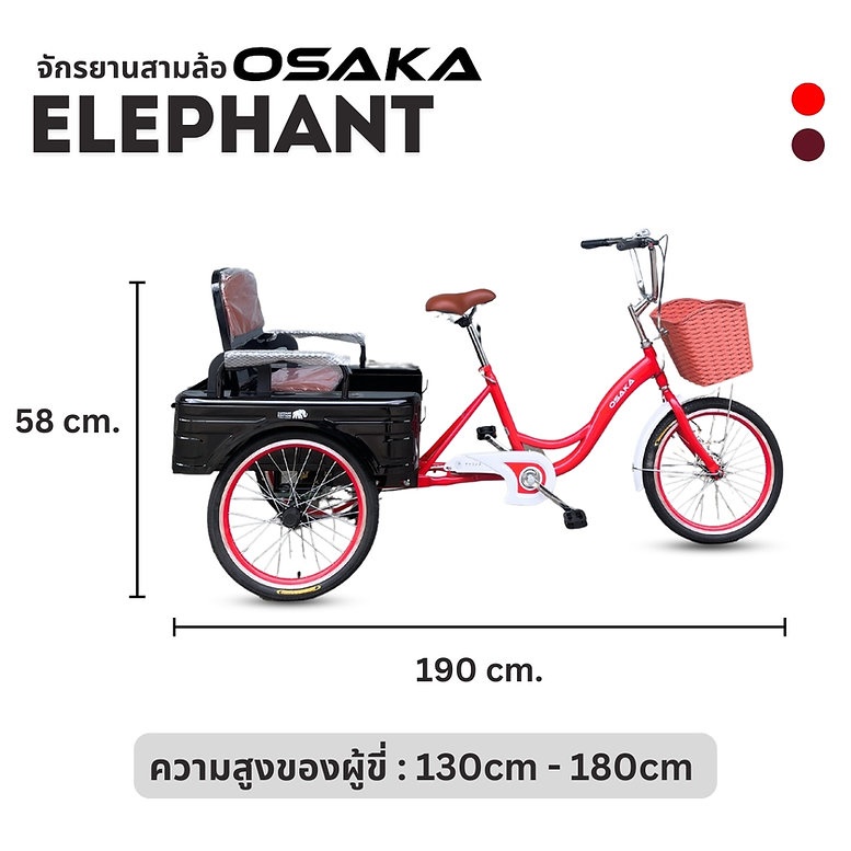 จักรยานสามล้อ OSAKA ELEPHANT | กระบะท้าย 2-in-1 | เหล็ก High-Tensile | ล้อ 20" | ดรัมเบรกหน้า-หลัง | รองรับน้ำหนักสูง | เหมาะสำหรับขายของ ผู้สูงอายุ