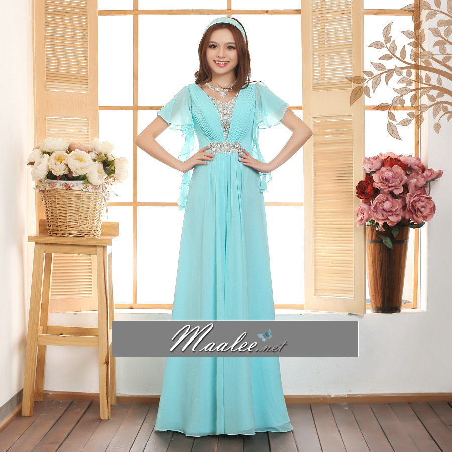 พร้อมเช่า ชุดราตรียาว สีฟ้า ผ้าชีฟอง จอเจีย แขนระบาย ทิ้งชายสวย