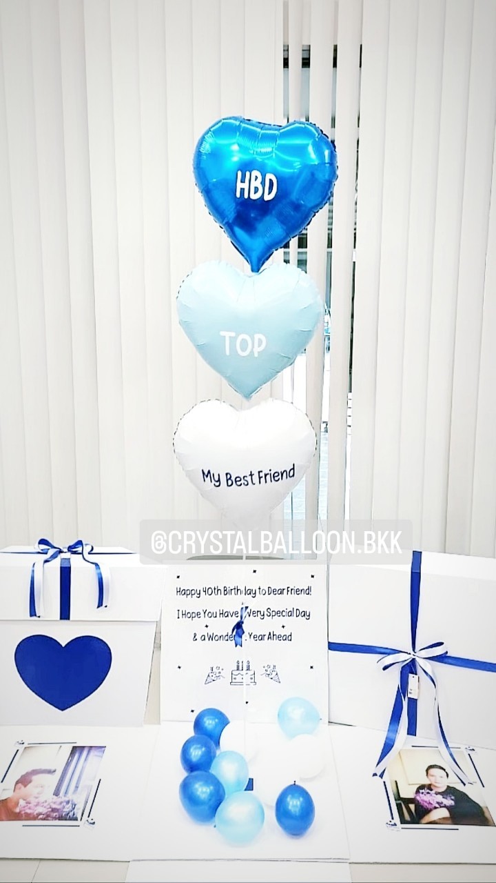 Happy Birthday Surprise Box กล่องเซอร์ไพรส์วันเกิด ฟอยล์หัวใจ ขนาด 18'' 3 ชิ้น Theme สีน้ำเงิน สามารถใส่รูปได้ 2 รูป สามารถเปลี่ยนสีลูกโป่ง/เปลี่ยนข้อความได้