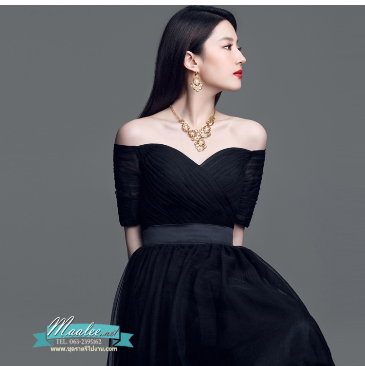 พร้อมเช่า ชุดราตรียาว & แบบปาดไหล่ สีดำ กระโปรงผ้าโปร่งตาข่ายนิ่ม ใส่สบายตัว อกจับจีบ ผ้าซาตินคาดเอว (เชือกผูกหลัง)