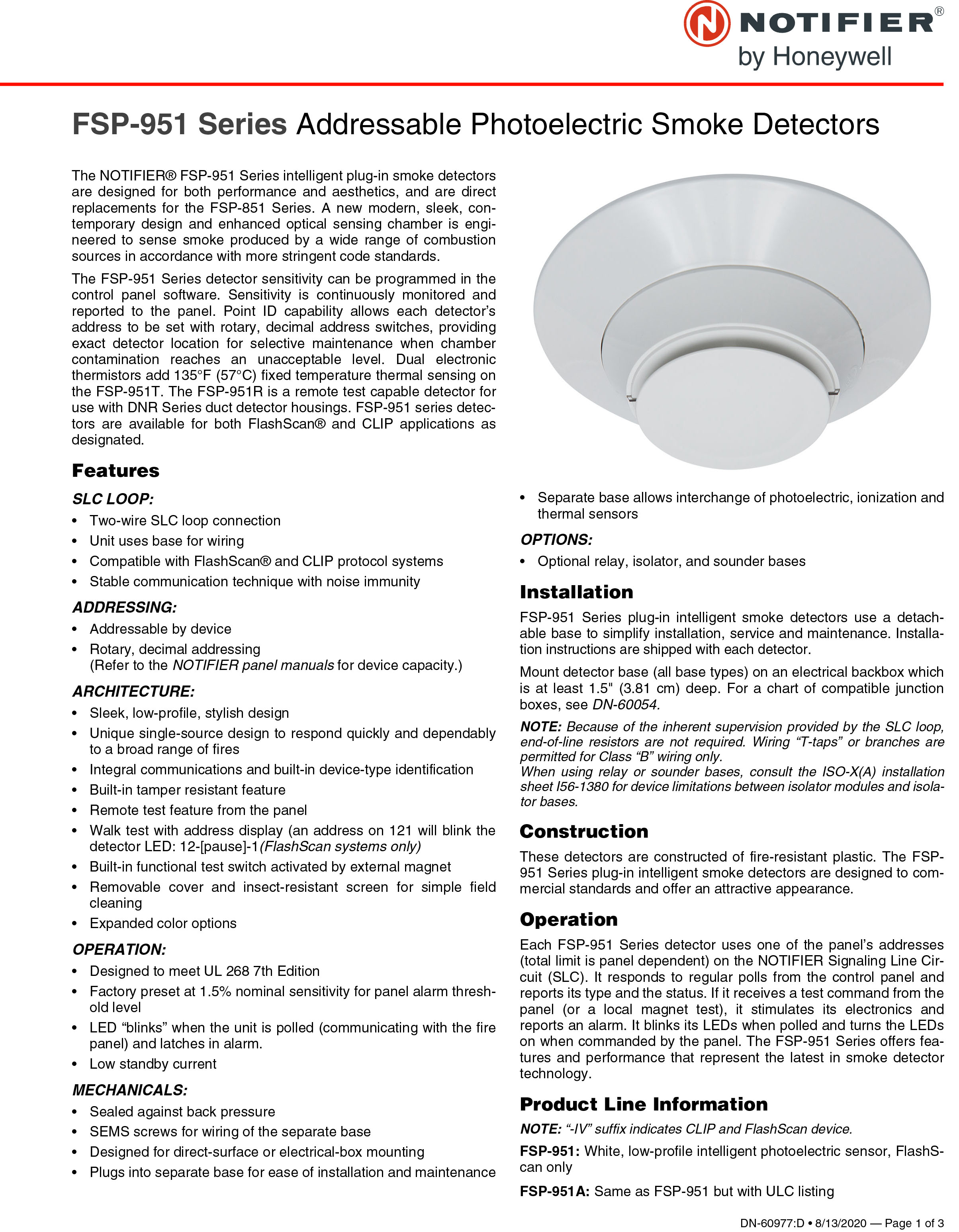 "NOTIFIER" FSP-951-IV Ivory, low-profile intelligent Addressable Photoelectric Smoke Detectors UL/FMStandard