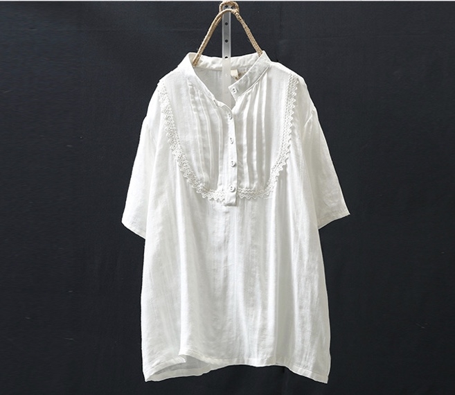 เสื้อคอจีนผ้าสาลูเนื้อนุ่มแต่งลูกไม้