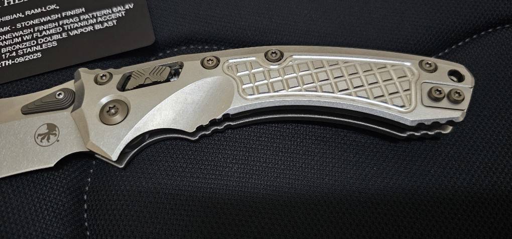 Microtech Marfione Select Amphibian RAM-LOK Manual Folding Knife 3.875" Bohler M390MK Stonewashed Clip Point Plain Blade and Frag Titanium Handles, Flamed Titanium Accents, AXIS/Crossbar Lock