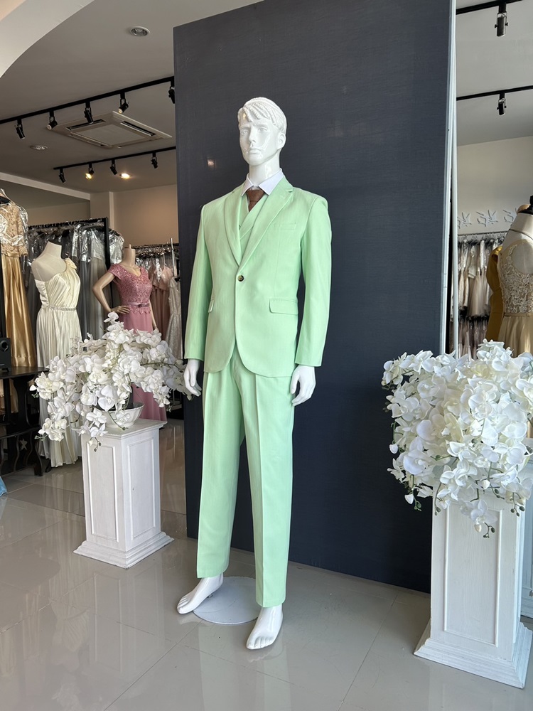พร้อมเช่า ชุดสูทชาย สีเขียวพาสเทล 1 กระดุม (พร้อมเสื้อกั๊ก) ผ้า Cotton twill 100% ทอลายในตัว