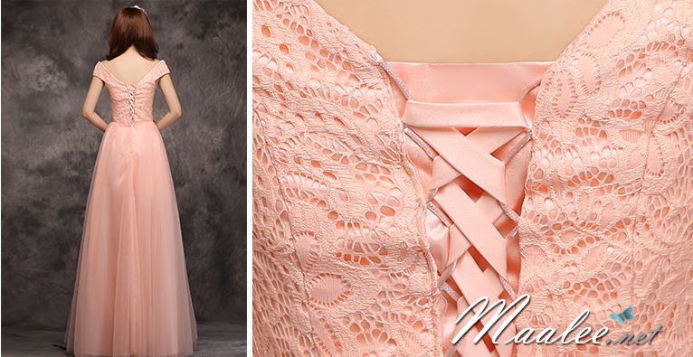 พร้อมเช่า ชุดราตรียาว ชุดเพื่อนเจ้าสาว สีโอโรส แบบ C ไหล่ปาด ช่วงอกแต่งลูกไม้ เอวแต่งกลีบดอกไม้สวย (เชือกผูกหลัง)