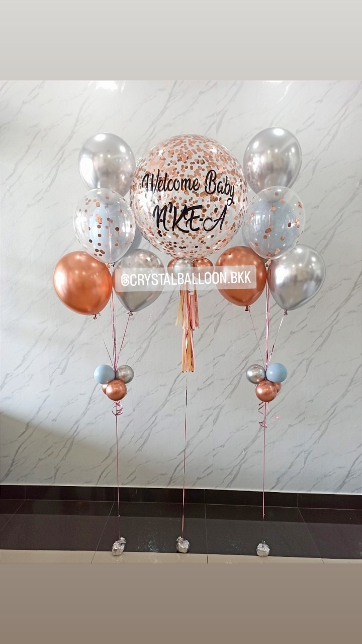 ลูกโป่ง Welcome Baby Bubble ขนาด 24" Confetti สีโรสโกลด์ พร้อมตกแต่ง ช่อลูกโป่งโครเมี่ยม ช่อ 5 ลูก 2 ช่อ ลูกโป่งใส ใส่Confetti สามารถเปลี่ยนสีลูกโป่ง/เปลี่ยนข้อความ/เปลี่ยนขนาดได้