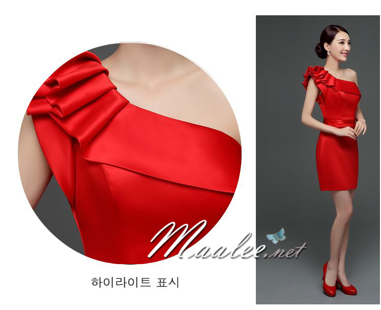 พร้อมเช่า ชุดราตรีสั้น ไหล่เดียว แต่งจีบระบายไหล่ขวา ผ้าซาตินเงา เรียบหรู (ซิปข้าง) สีฟ้า