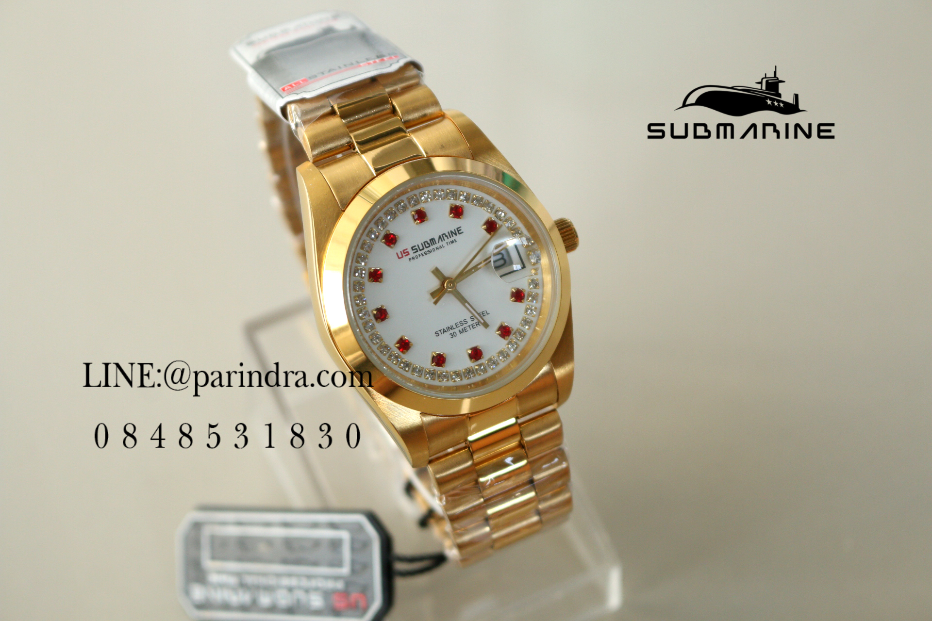 นาฬิกา US submarine รุ่น SUB101M D สีทองล้วนหน้าปัดสีขาวเพชรแดง