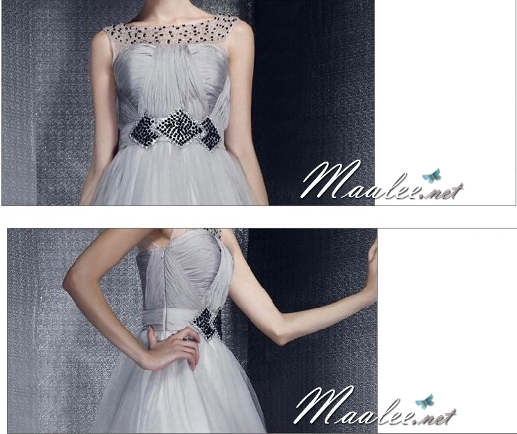 พร้อมเช่า ชุดราตรียาว สีเทาอ่อน อกจับจีบผ้าชีฟอง สไตล์กรีก ช่วงคอแแต่งลูกปัดผ้าตาข่าย&กระโปรง เอวแต่งลูกปัดพร้อมเลื่อม