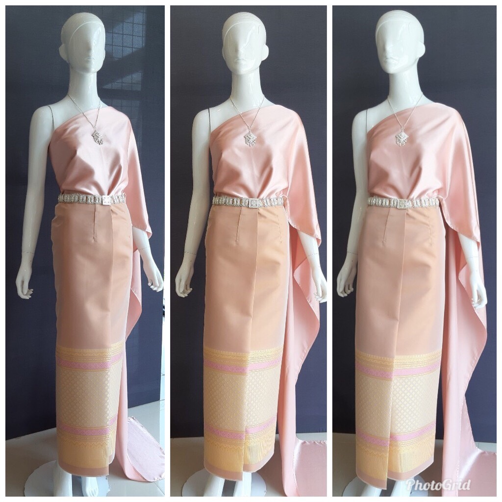 เช่า ชุดไทย ชุดเพื่อนเจ้าสาว ชุดไทยผ้าซิ่นสีส้มอ่อน สไบเรียบสีโรสโกล