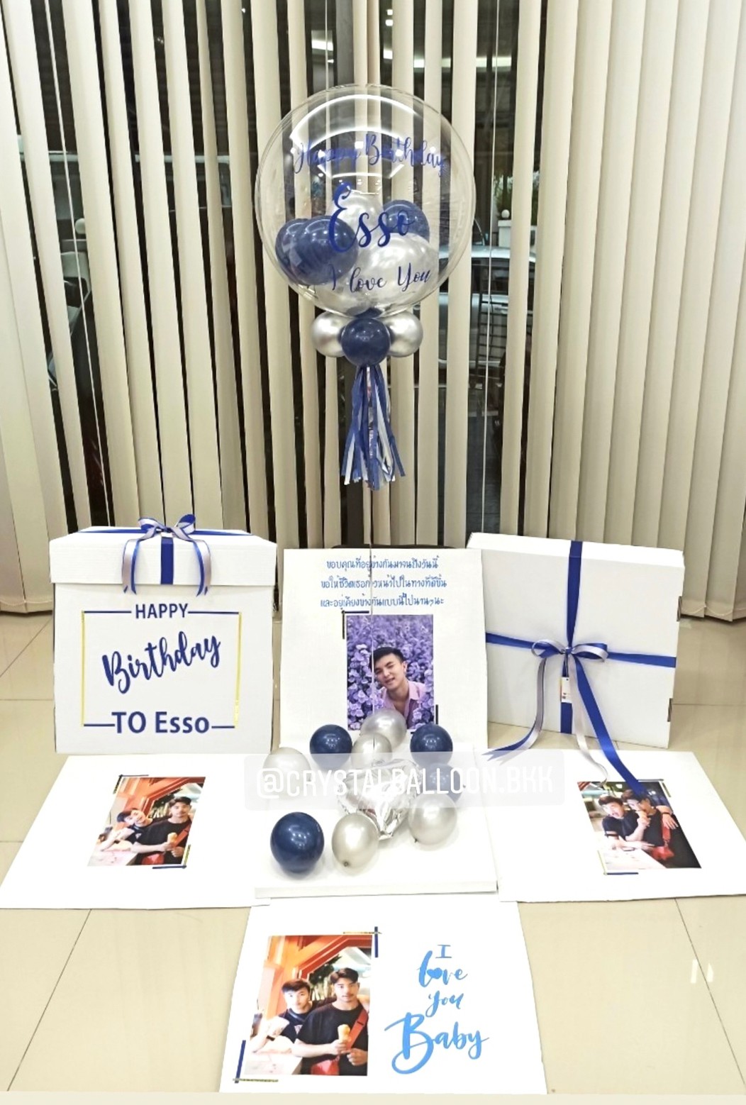 Happy Birthday Surprise Box Bubble USA ขนาด 24" Theme Dark Blue พร้อมตกแต่ง สามารถใส่รูปได้ 4 ใบ สามารถเปลี่ยนสีลูกโป่ง/เปลี่ยนข้อความได้