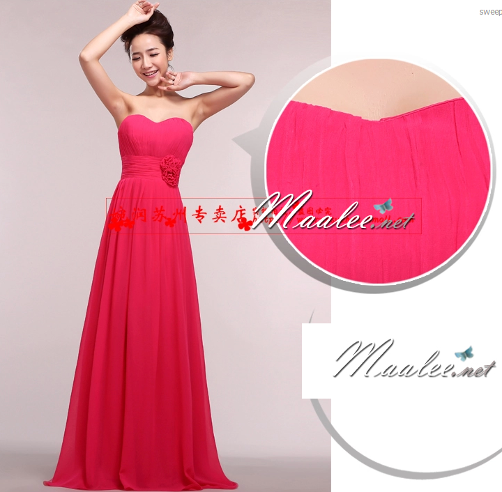 พร้อมส่ง ชุดราตรียาว แบบเกาะอก ผ้าชีฟอง ช่วงอกอัดพลีท แต่งดอกที่เอว สีโอโรส