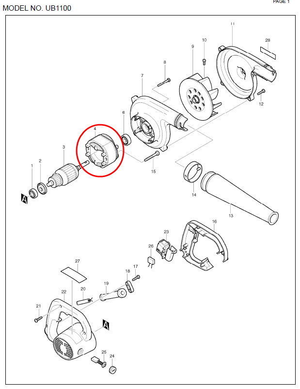 ฟิลคอยล์ เครื่องเป่าลม โบเออร์ Makita มากีต้า UB1100, UB1101 [#4 ] Pn.594438-4 (แท้) ## (**)