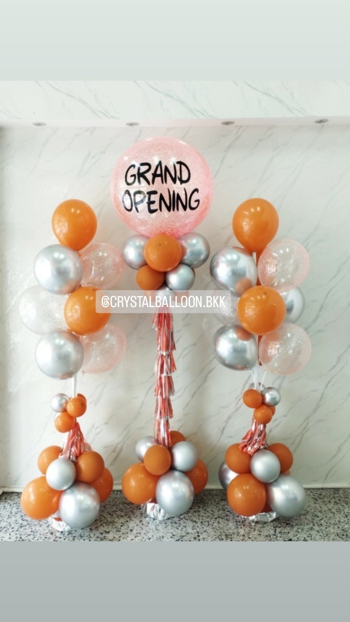 เสาลูกโป่ง Grand Opening ลูกโป่ง Bubble ขนาด 36" กลิตเตอร์สีส้ม 1 เสา พร้อม เสาช่อลูกโป่ง ช่อ 10 ลูก 2 เสา พร้อมตกเเต่ง สามารถเปลี่ยนสีลูกโป่ง/เปลี่ยนข้อความได้