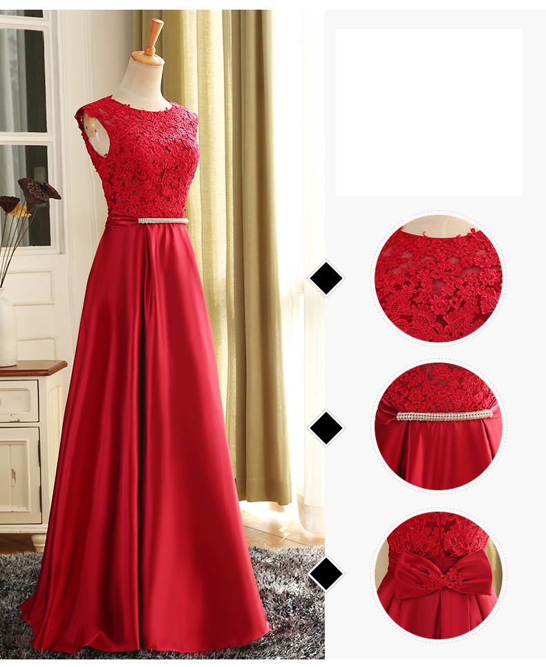 พร้อมเช่า ชุดราตรียาว แขนกุด สีแดง อกแต่งลูกไม้ กรโปรงเนื้อผ้ามัน คาดเอวคริสตัล เซ็กซี่ผ้าหลัง เพิ่มเข็มกลัดโบว์ช่วงหลัง