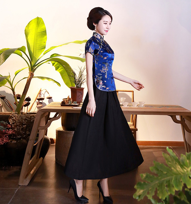 Pre-order เสื้อกี่เพ้า สีน้ำเงิน ลายมังกรนกฟินิกซ์ ผ้าไหมจีน กุ๊นขอบ ตัดเย็บอย่างดี