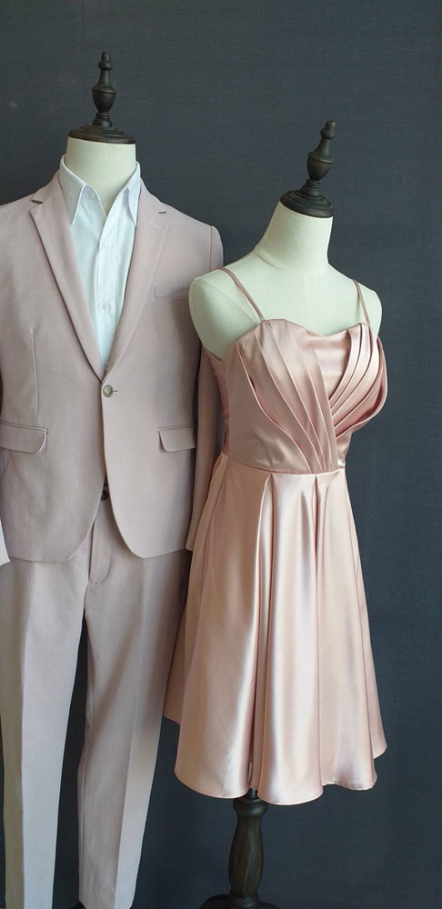 พร้อมเช่า ชุดราตรีสั้น สีโรสโกลด์ สายเดี่ยว จับจีบอก Sweet heart