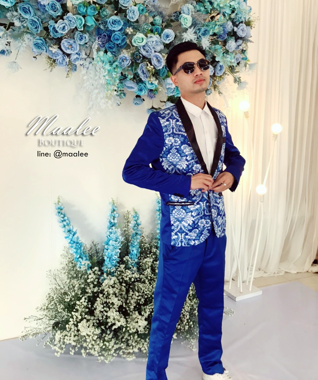 พร้อมเช่า ชุดสูทจีนชาย สีน้ำเงิน แต่งปกดำ ซาติน