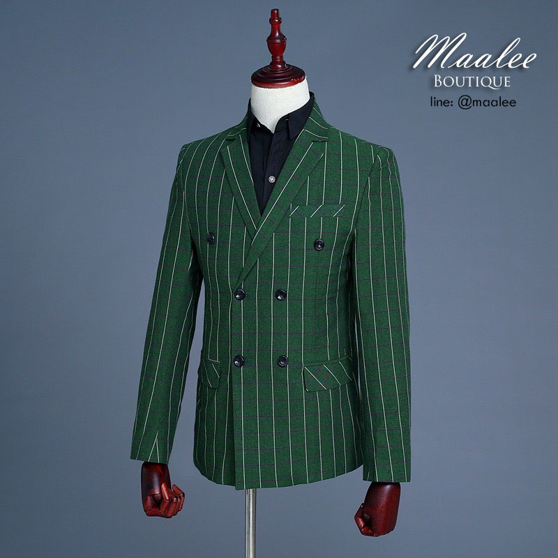 พร้อมเช่า ชุดสูทชาย สีเขียว ลายทางเก๋ๆ (พร้อมเสื้อกั๊ก)