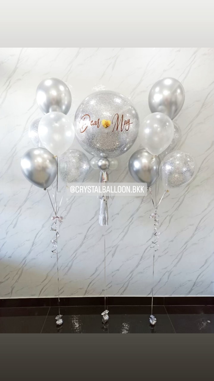 ลูกโป่ง แสดงความยินดี Bubble ขนาด 24" สีเงิน พร้อม ช่อลูกโป่ง ช่อ 5 ลูก 2 ช่อ,ลูกโป่งใส ใส่กลิตเตอร์ พร้อมตกเเต่ง สามารถเปลี่ยนสีลูกโป่ง/เปลี่ยนข้อความ/เปลี่ยนขนาดได้
