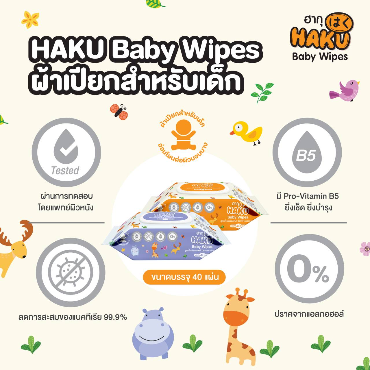 ส่งฟรี! ทิชชู่เปียก ฮากุ สูตรน้ำแร่ กลิ่นสบู่ติดผิว 40 แผ่น (ยกลัง 36 ห่อ) คละสี