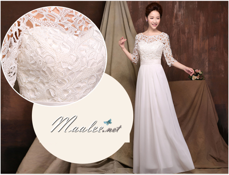 พร้อมส่ง ชุดราตรียาว สีครีม แขนสามส่วน ลูกไม้ฉลุ กระโปรงผ้าชีฟอง