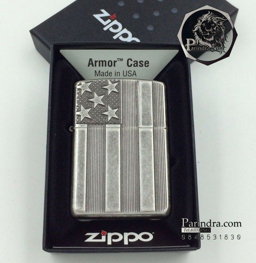 ไฟแช็ค Zippo แท้ ลายธงชาติอเมริกา ตัวเกราะหนา "Armor US Flag Antique Silver Plate " # Zippo Code 28974 แท้นำเข้า 100%