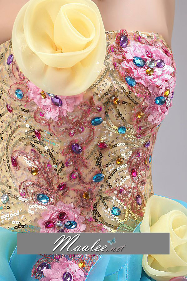 พร้อมเช่า ชุดแฟนซี เช่า 500 ชุดราตรีสั้น เกาะอก ปักเลื่อมแต่งคริสตัลช่วงบน กระโปรงผ้าแก้วพองสวย