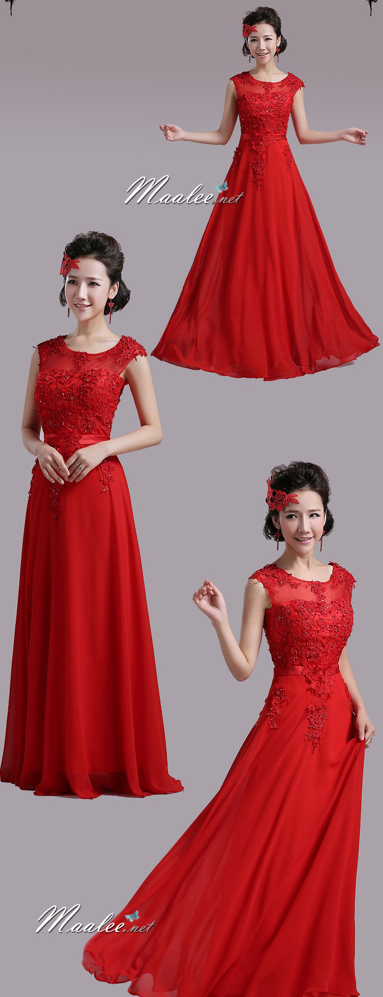 พร้อมเช่า ชุดราตรียาว สีแดง แบบเรียบหรู แต่งลูกไม้เซาะดอก ปักลูกปักมุก