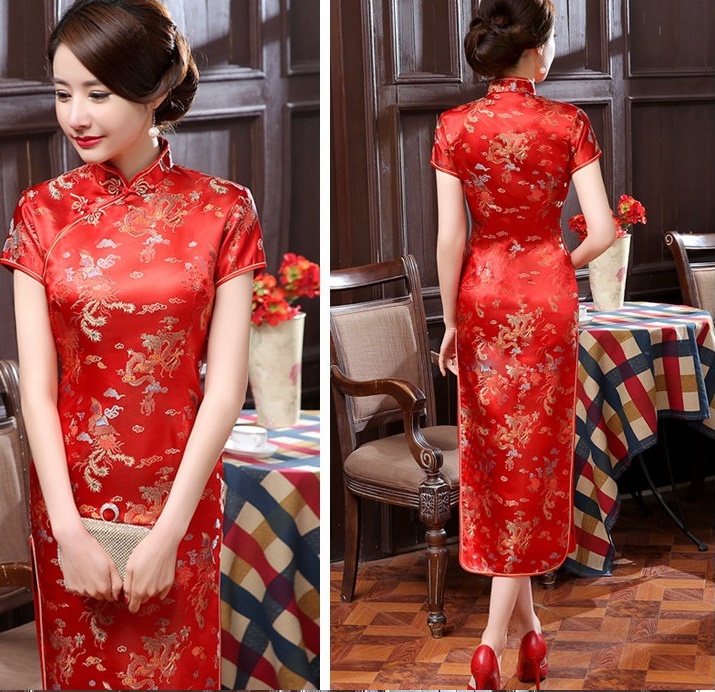 Pre-order กี่เพ้า สีแดง ลายมังกรนกฟินิกซ์ ผ้าไหมจีน กุ๊นขอบ ตัดเย็บอย่างดี