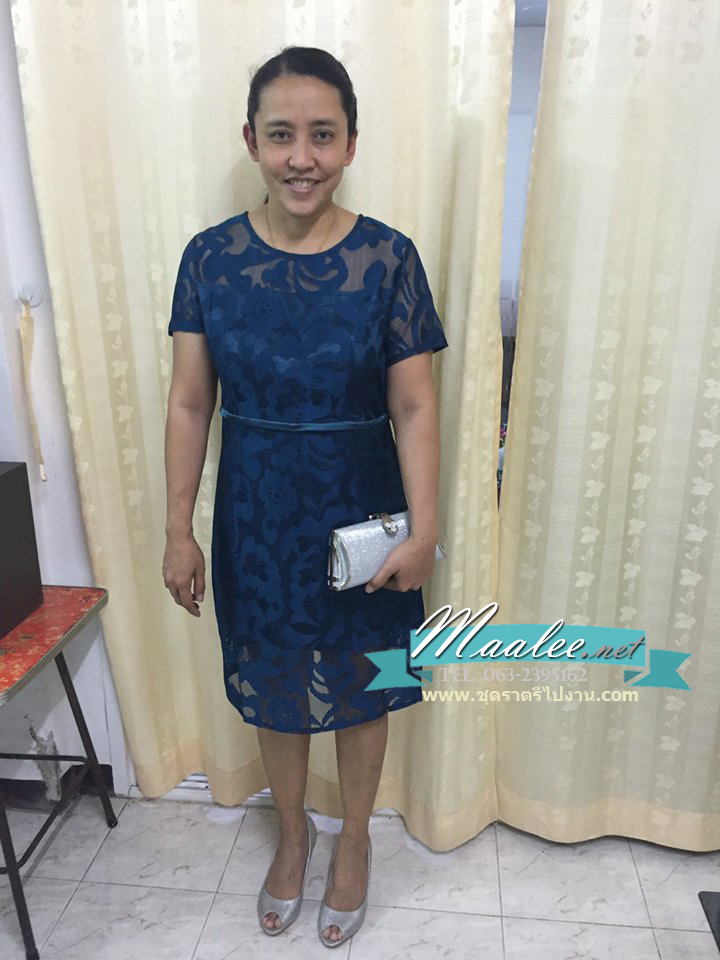 พร้อมส่ง ชุดเดรส/ชุดออกงาน ผ้าเกาหลี ผ้าโปร่งปักแขนสั้นลายดอกไม้ สีนำเงิน (ซิปหลัง) *เหลือเฉพาะ ไซส์ M*