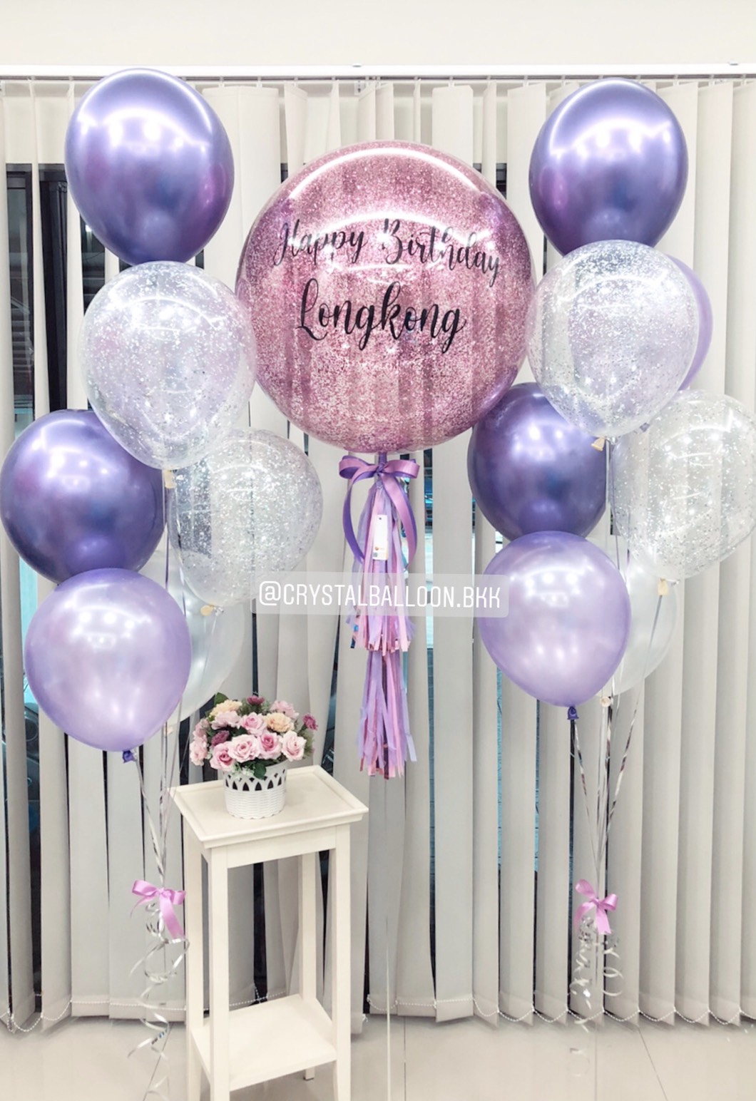 ลูกโป่ง วันเกิด Bubble ขนาด 24" Theme สีม่วง พร้อม ช่อลูกโป่ง ช่อ 7 ลูก 2 ช่อ,ลูกโป่งใส ใส่กลิตเตอร์ พร้อมตกเเต่ง สามารถเปลี่ยนสีลูกโป่ง/เปลี่ยนข้อความ/เปลี่ยนขนาดได้