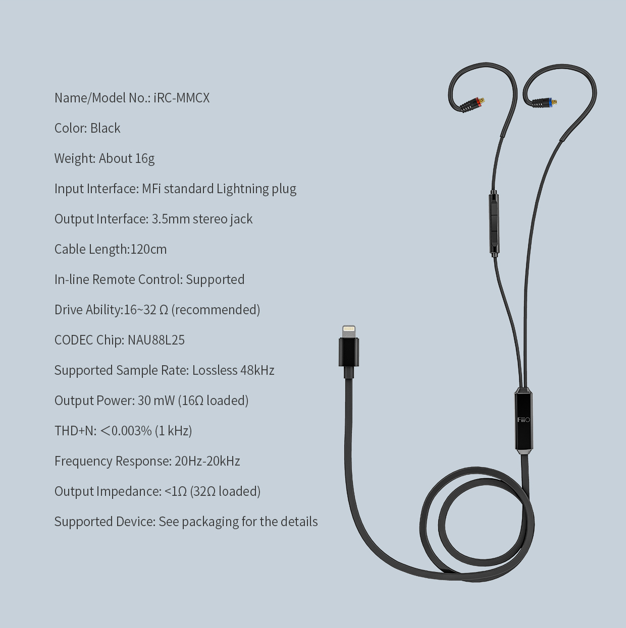 ขาย FiiO iRC-MMCX สาย Lightning สำหรับ iphone , ipod , ipad ขั้ว MMCX พร้อมไมค์ในตัว