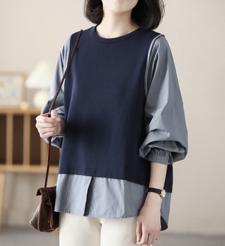 เสื้อยืดต่อลายผ้าฝ้ายทรงไหล่ล้ำ