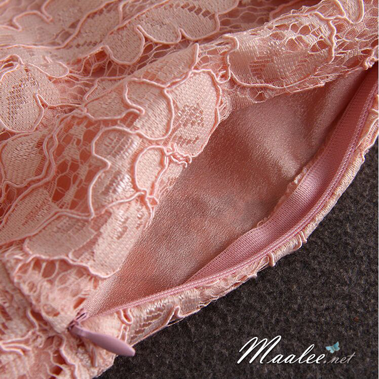 พร้อมส่ง ชุดราตรีสั้น/แขนยาว คอวี เนื้อผ้าลูกไม้ & Cotton แต่งซิปข้าง สีแดง (เหลือเฉพาะไซส์ 3XL)