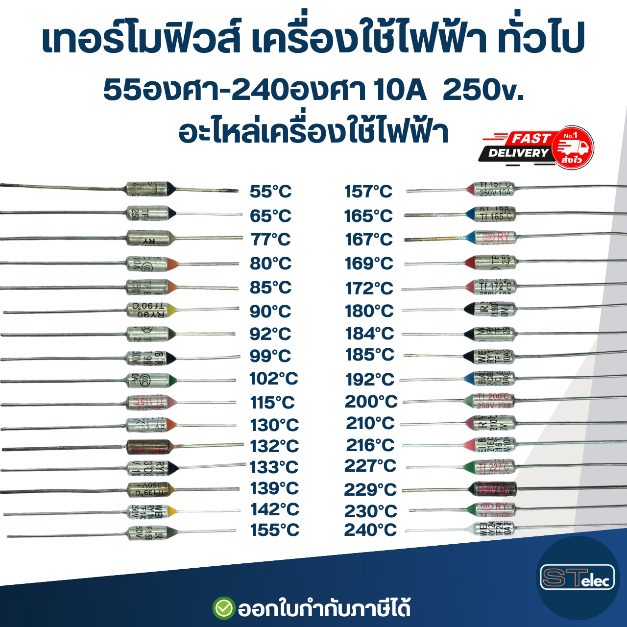 เทอร์โมฟิวส์หม้อหุงข้าว และทั่วไป 10A 250v. (77องศา-240องศา)