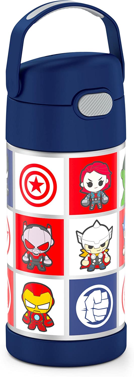 THERMOS FUNTAINER 12 Ounce Stainless Steel Vacuum Insulated Kids Straw Bottle, Avengers